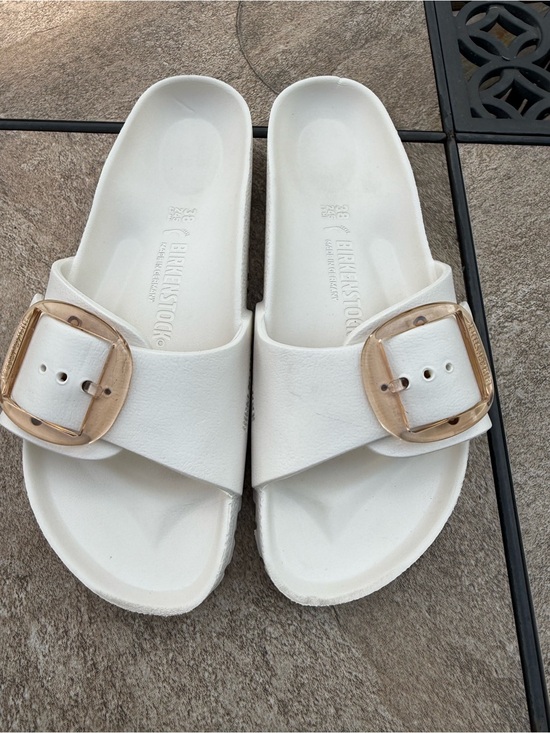 Birkenstock Shoes - Birkenstock White Madrid EVA Slide Sandals with Tan-Gold Big Buckles